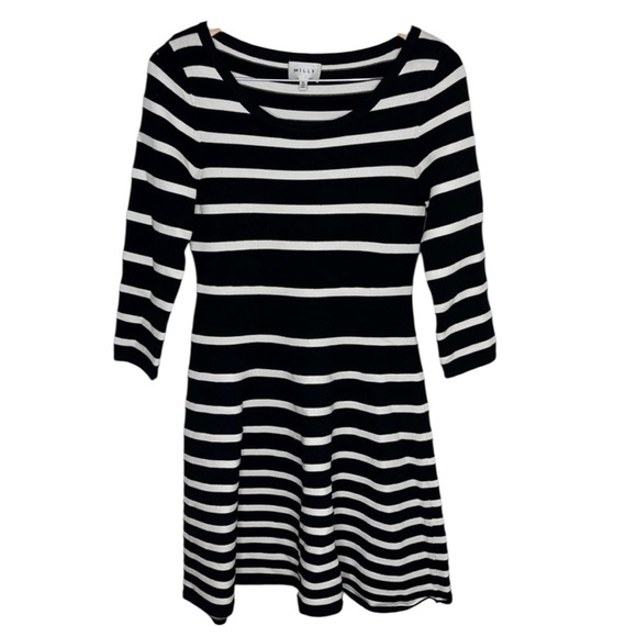 Milly Mime Black White Striped Flare Dress Women Size L - Picture 1 of 5